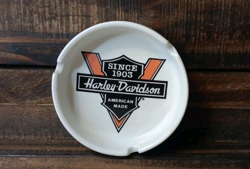 Vintage Harley-Davidson White Ceramic Logo Ashtray Biker Gift